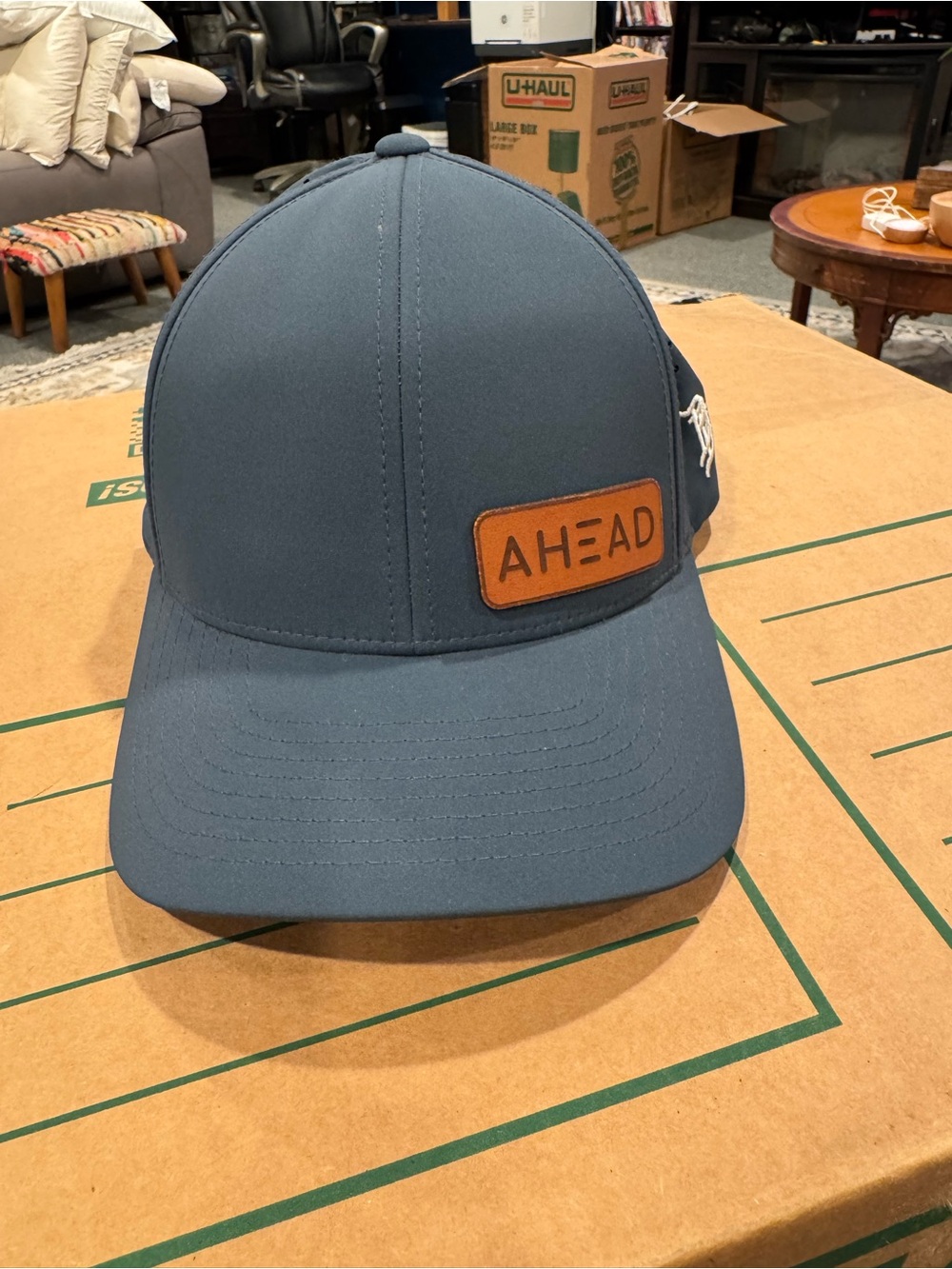 Ahead Men's Slate Blue Baseball Cap with Brown Leather Patch